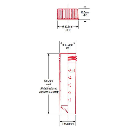 02510 TUBE TRANSPORT CONICAL BOTTOM STANDING TUBE SCREW CAP GRADITUTE 10ML